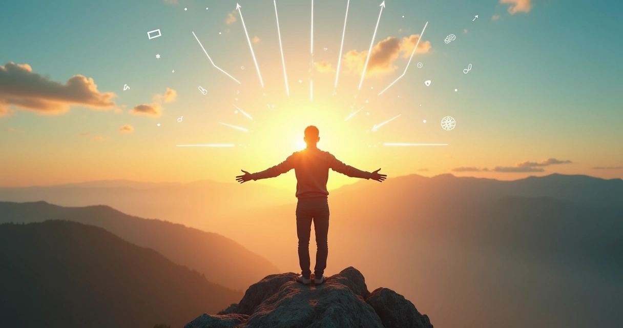 Pessoa em pé no topo de uma montanha com horizonte iluminado simbolizando mente próspera 