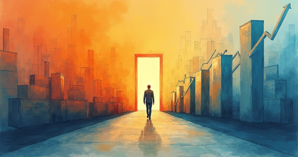 Desenho de uma pessoa caminhando por uma estrada que se transforma em oportunidades profissionais ao fundo, como portas abertas, livros e gráficos de crescimento. Cores quentes de laranja e azul predominam. 