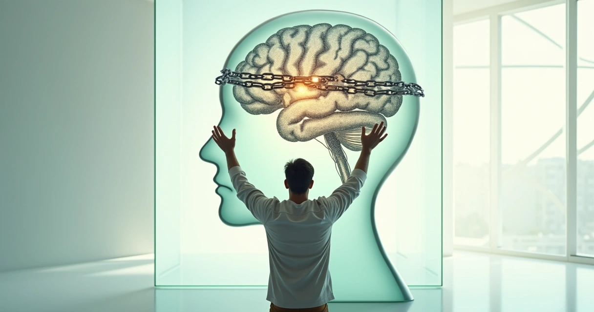 Pessoa quebrando correntes mentais em ambiente claro e sereno 