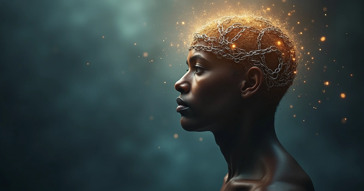 Pessoa olhando para frente com correntes se quebrando ao redor da cabeça 