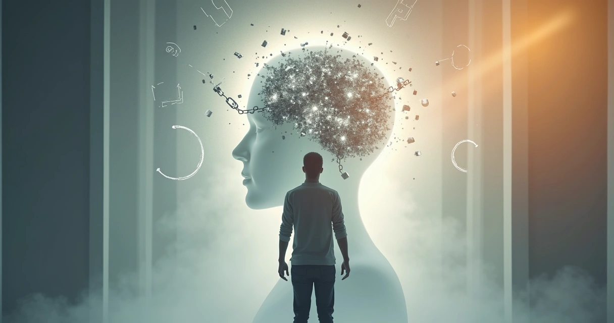 Pessoa em pé diante de silhueta mental quebrando correntes 