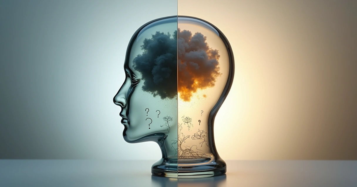 Ilustración realista de cabeza humana mitad nubes grises mitad luz calmada 
