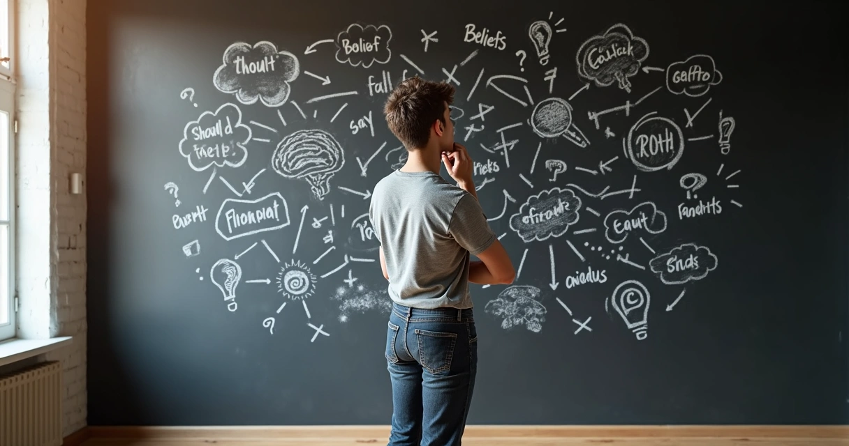 Pessoa diante de quadro com símbolos questionando crenças e pensamentos 