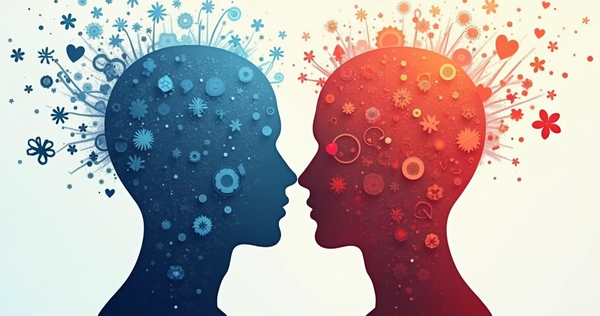 Ilustração mostrando lado cerebral voltado à razão e outro à emoção, cores frias e quentes 