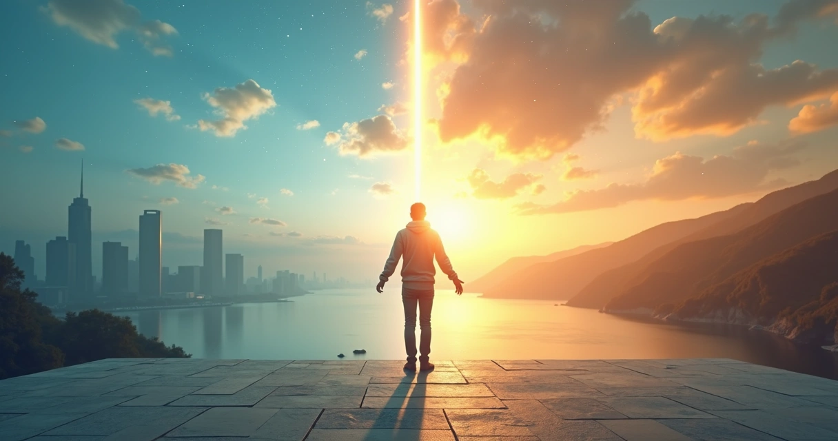 Pessoa em pé diante de paisagem dividida entre racional e emocional 