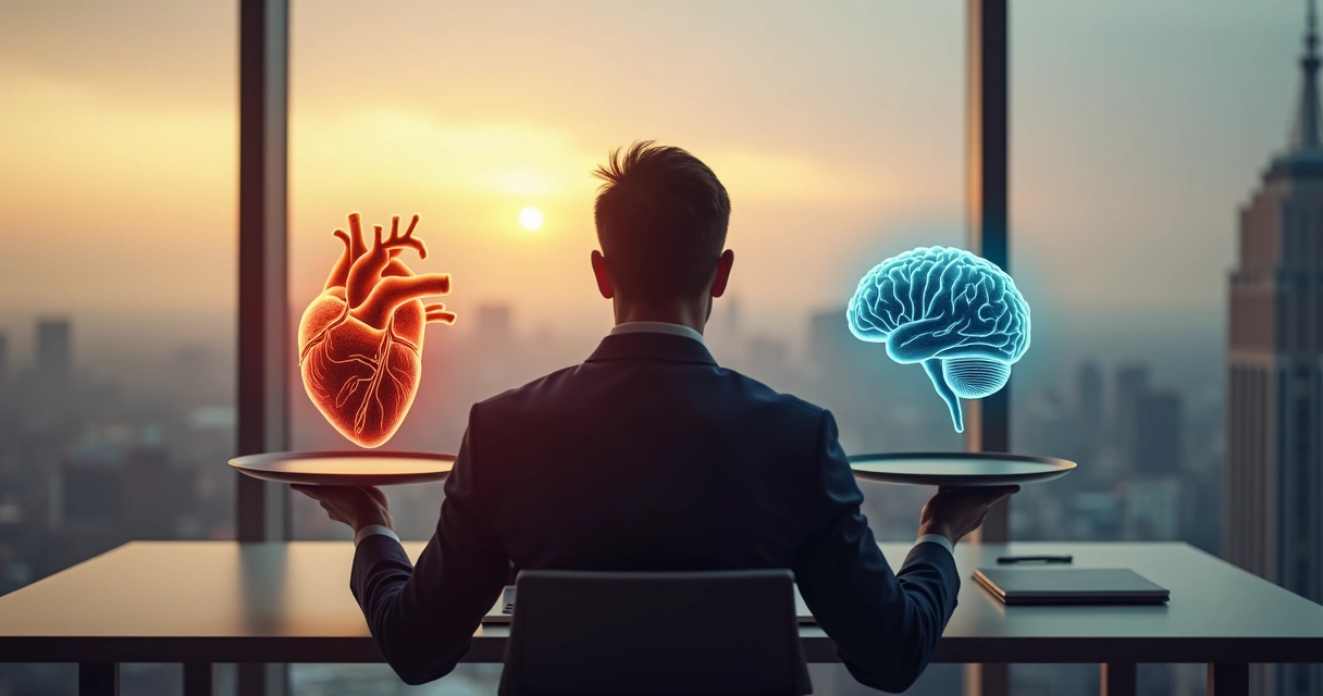 Pessoa com cérebro e coração equilibrados em balança 