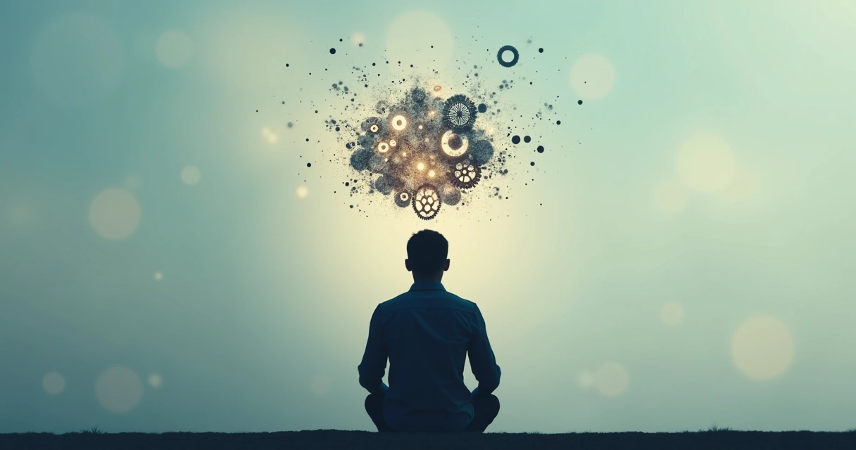 Silhueta de uma pessoa refletindo com elementos abstratos como engrenagens e luzes ao redor da cabeça