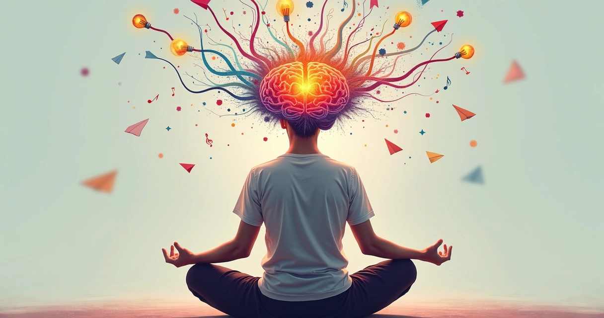 Cérebro relaxado em meditação com cores vibrantes ilustrando fluxo criativo