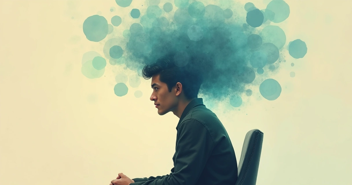 Persona pensativa con fondo abstracto de pensamientos circulares 