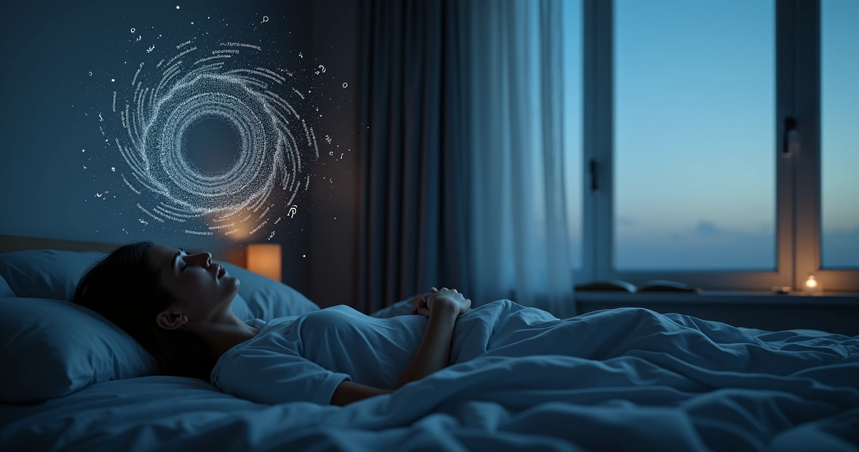 Pessoa deitada em cama escura com pensamentos circulares de um lado e céu calmo do outro 