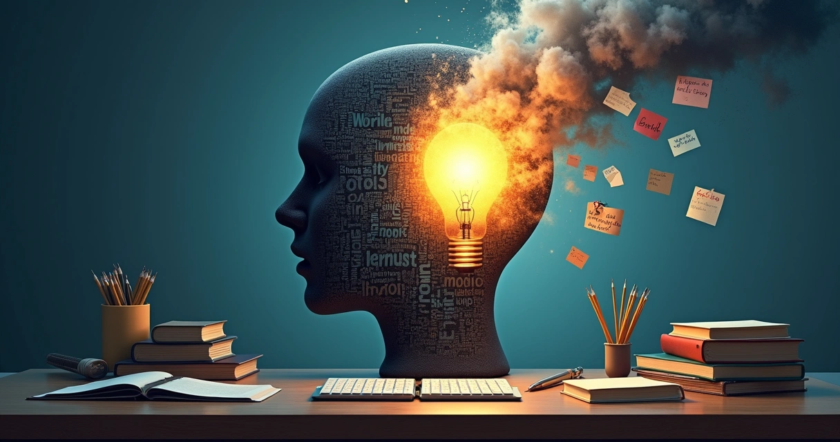 Ilustração de mente com pensamentos negativos e positivos durante estudo 