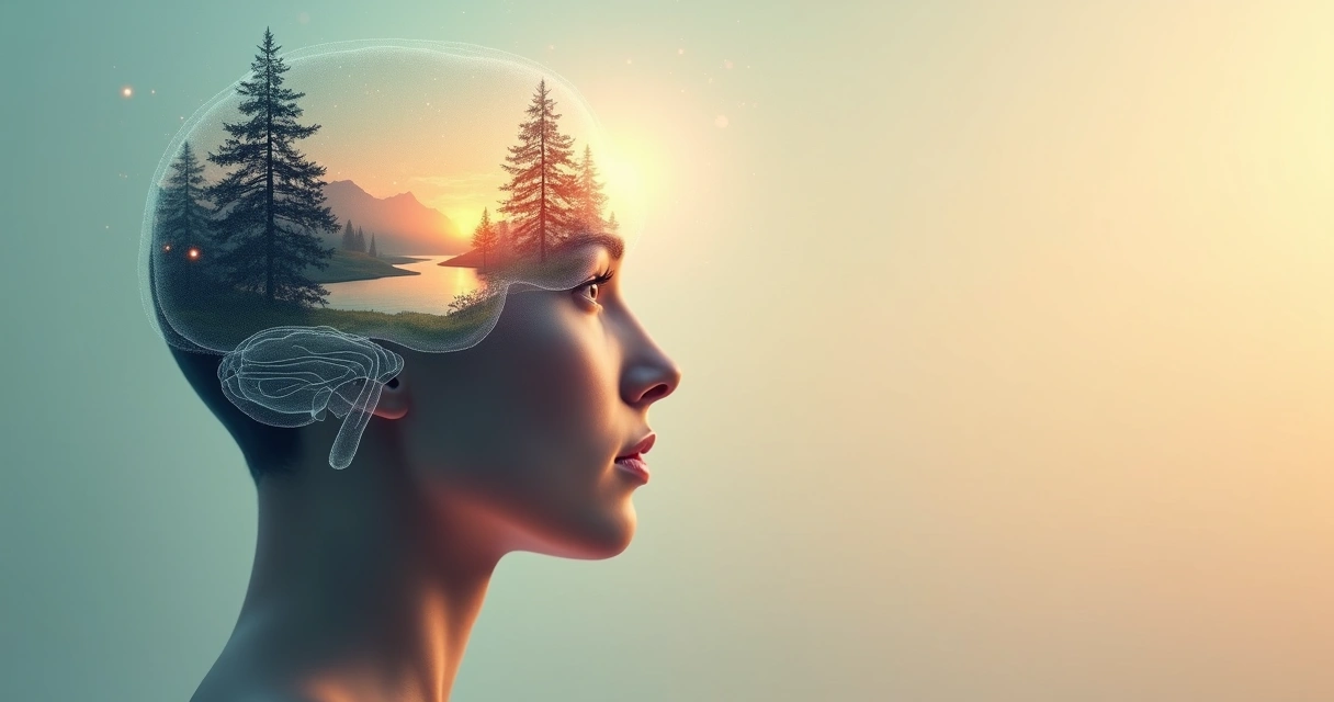 Cabeça humana em perfil com paisagem serena integrada ao cérebro 