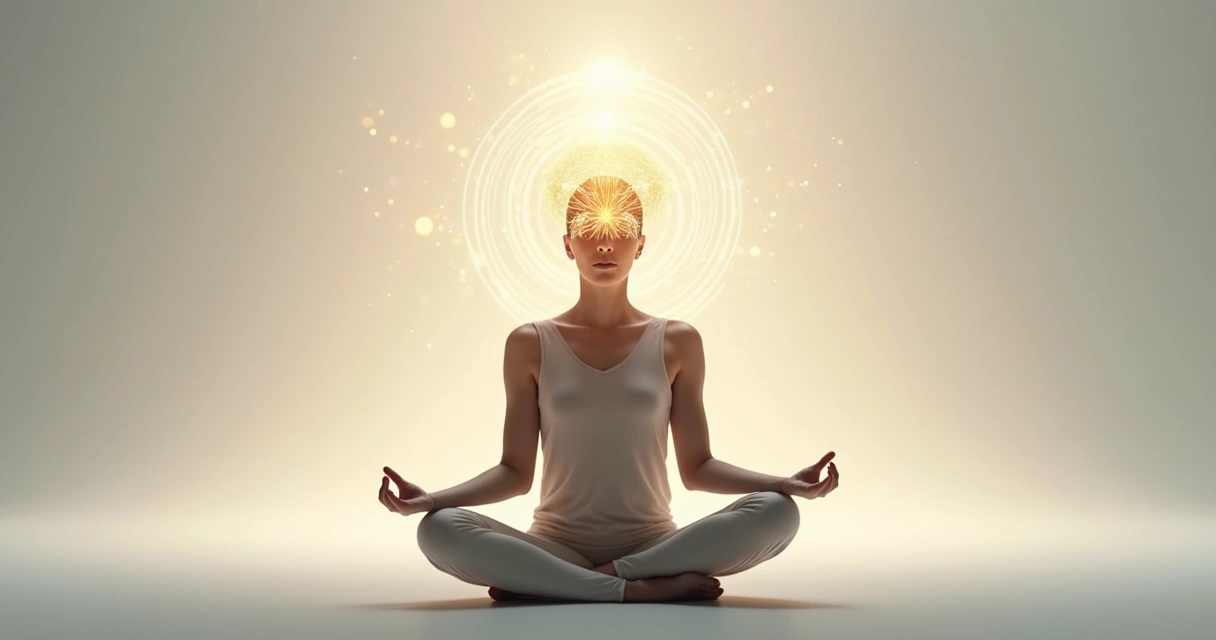 Pessoa meditando com cérebro brilhando em equilíbrio energético 
