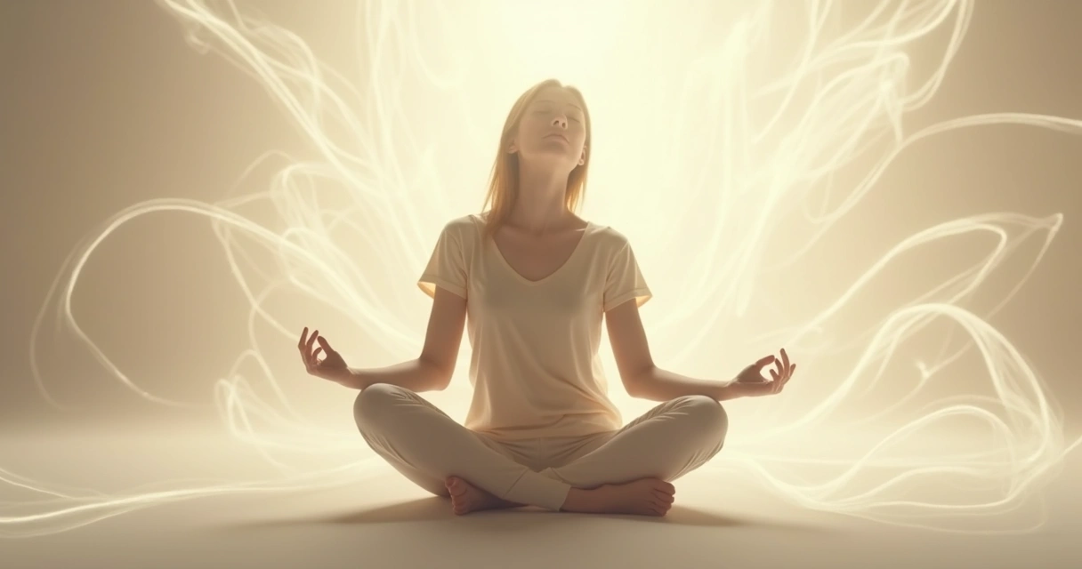 Pessoa sentada de olhos fechados, com expressão serena, rodeada por linhas suaves e luz difusa 