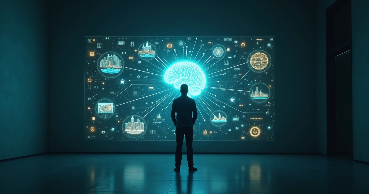 Pessoa observando holograma de mente conectada a sistemas ao redor 