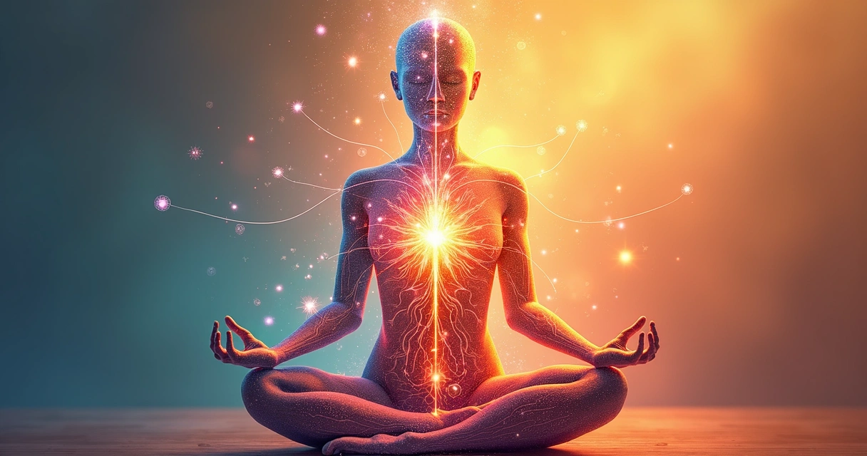 Ilustração colorida da mente com padrões conectando mente, corpo e emoções. 