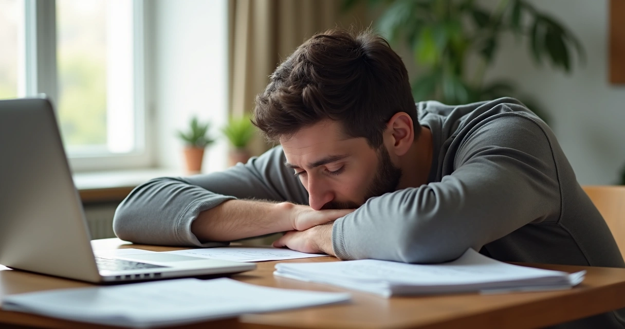 Pessoa com mão na cabeça sobre fundo claro, com expressão cansada 