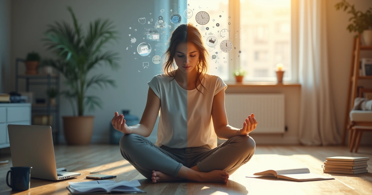 Mulher sentada no chão com metade da cena caótica e metade calma representando mente sobrecarregada e alívio 