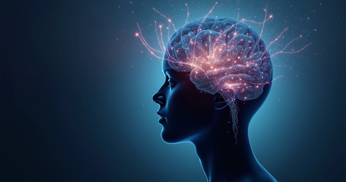 Representación abstracta de una mente humana, iluminada con patrones invisibles y líneas sutiles que sugieren pensamientos ocultos en un fondo oscuro y difuminado 