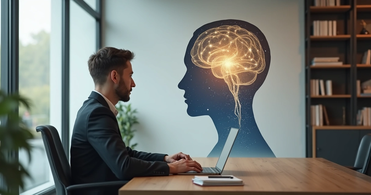 Pessoa observando silhueta com engrenagens e luz representando padrões inconscientes 