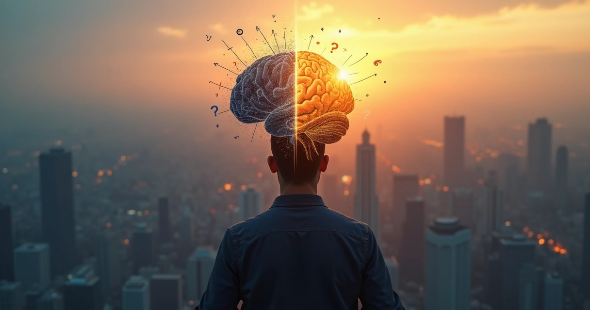 Pessoa em introspecção diante de caminhos mentais confusos e um caminho central iluminado 