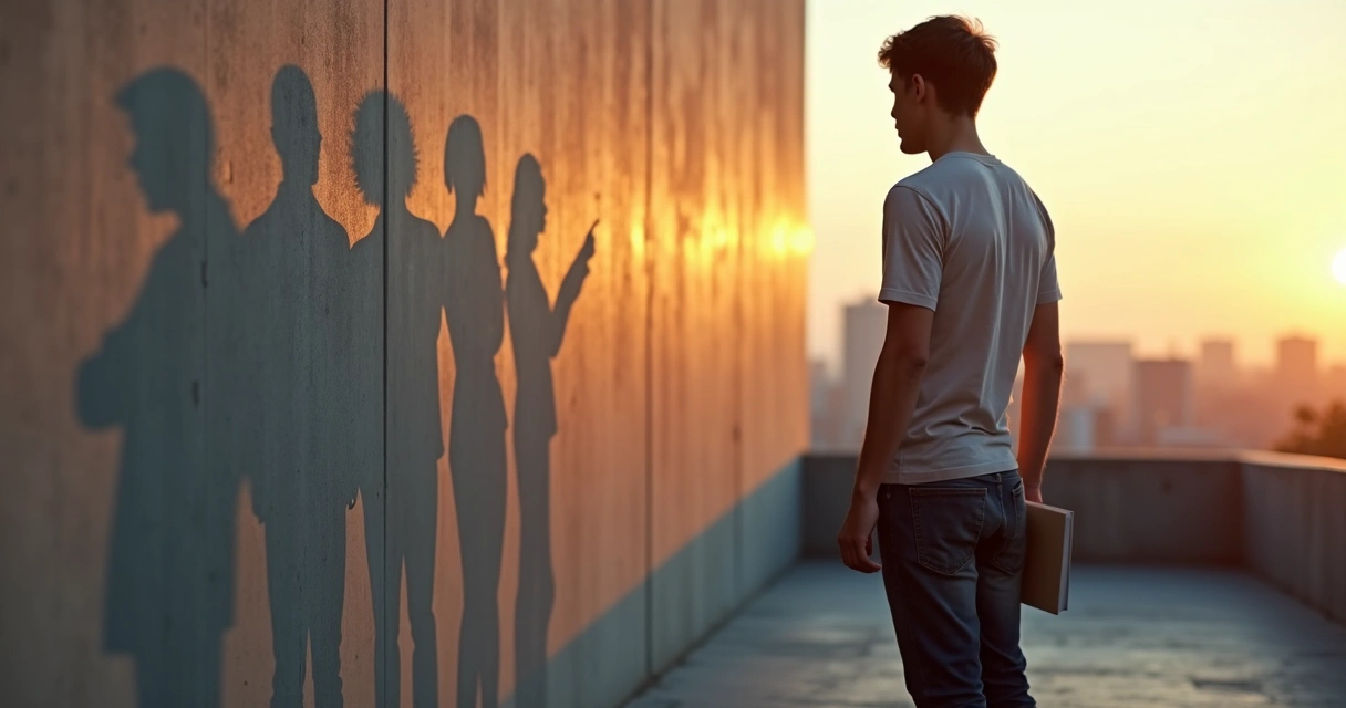 Pessoa refletindo diante de sombra com várias versões de si mesma em fundo urbano 