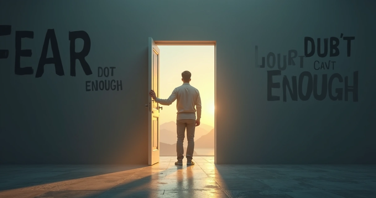 Pessoa abrindo uma porta luminosa deixando para trás sombras com palavras negativas 