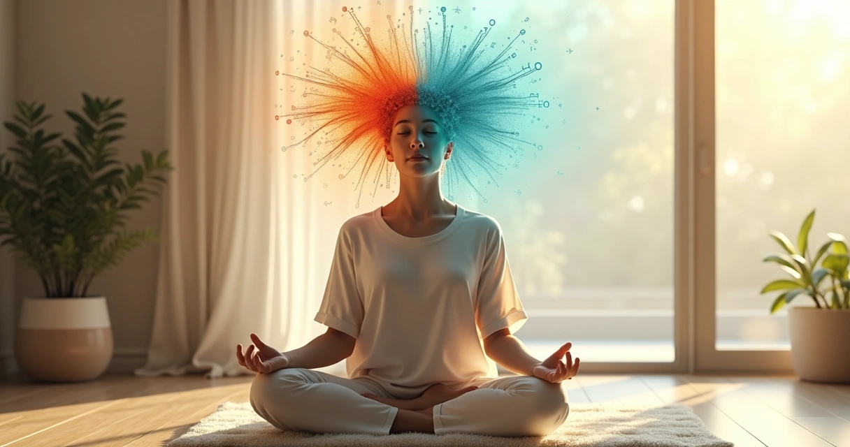 Pessoa sentada em meditação com metade da cabeça agitada e metade calma 