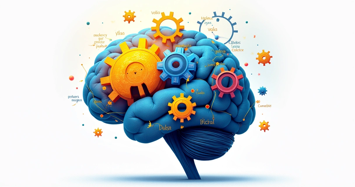 Ilustración de un cerebro con engranajes y palabras positivas dentro 