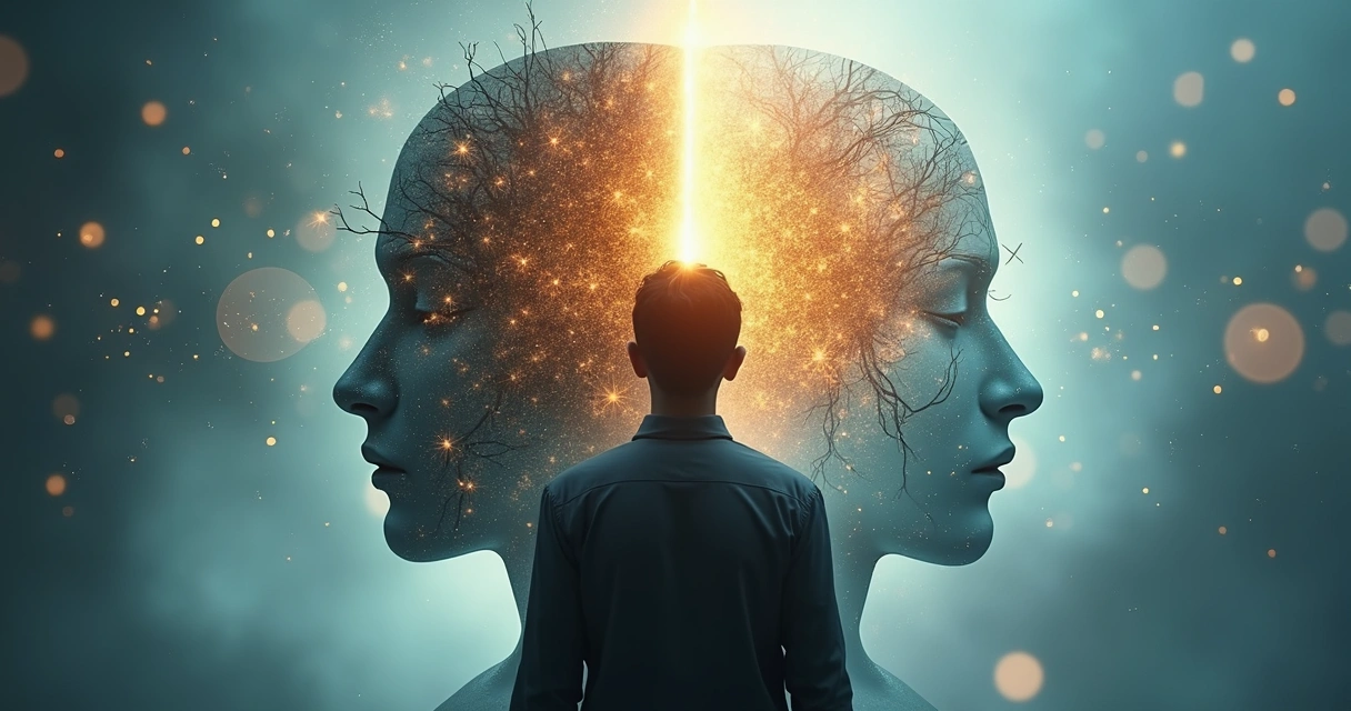 Persona observando patrones mentales transformándose en nuevas formas de luz 