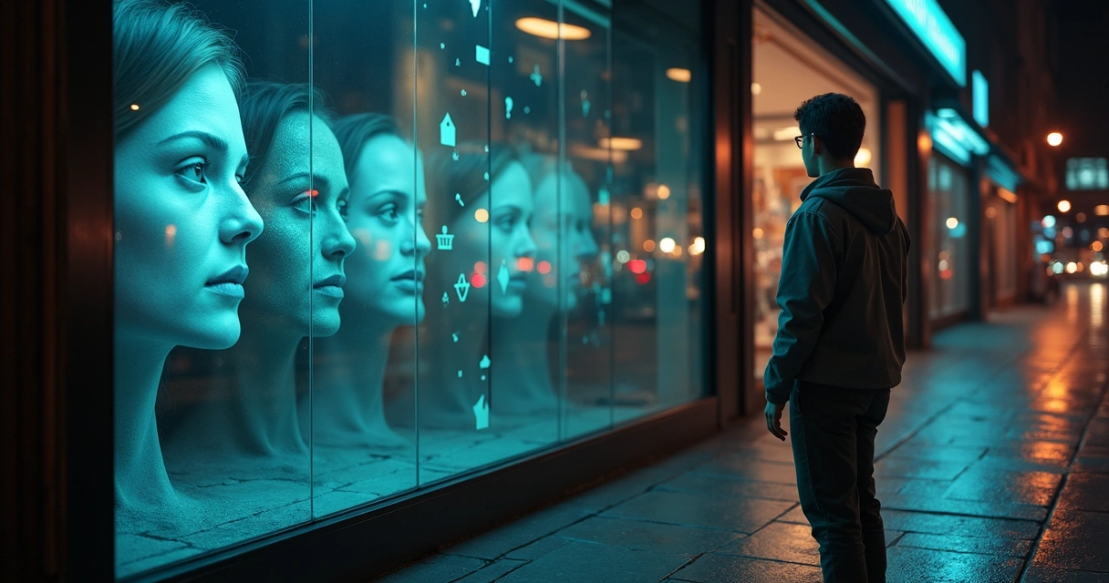 Pessoa olhando vitrine com reflexo distorcido de seu próprio rosto 