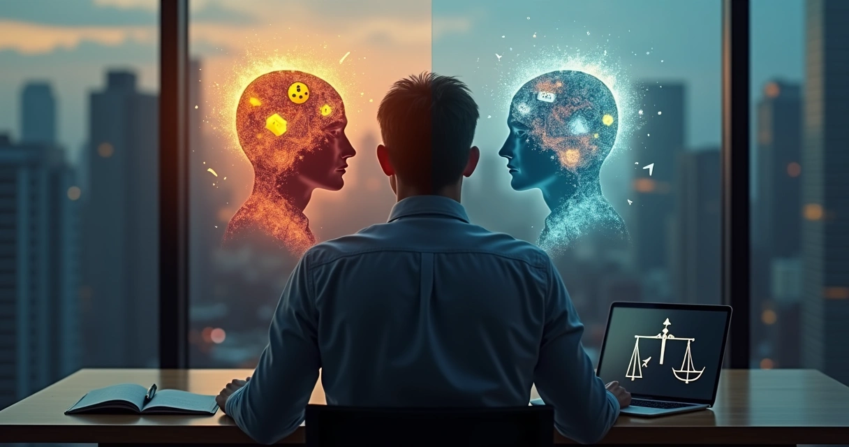 Pessoa refletindo entre decisão ética e vieses mentais 