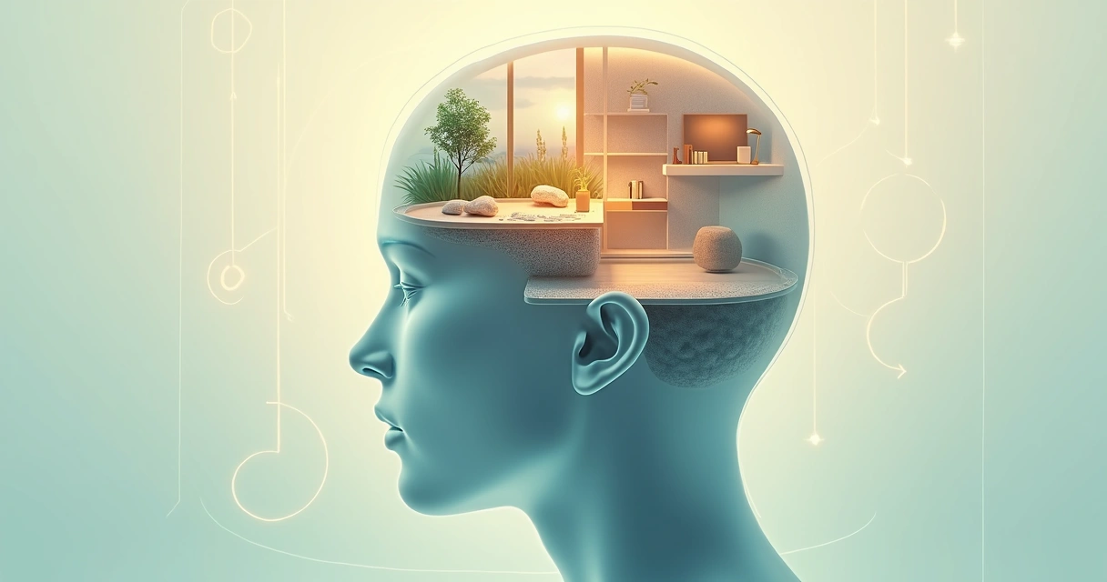 Ilustração de cabeça humana em perfil com ambientes internos organizados em zonas coloridas 