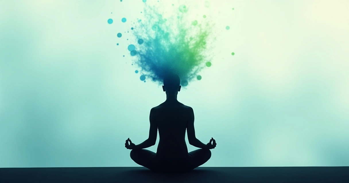 Silueta de una persona con fondo difuminado y elementos abstractos que representan calma mental. 