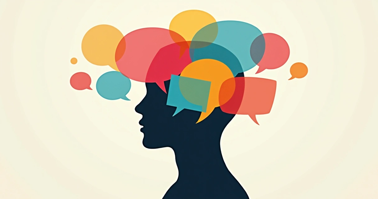 Concepto visual de una mente con burbujas de diálogo interno 