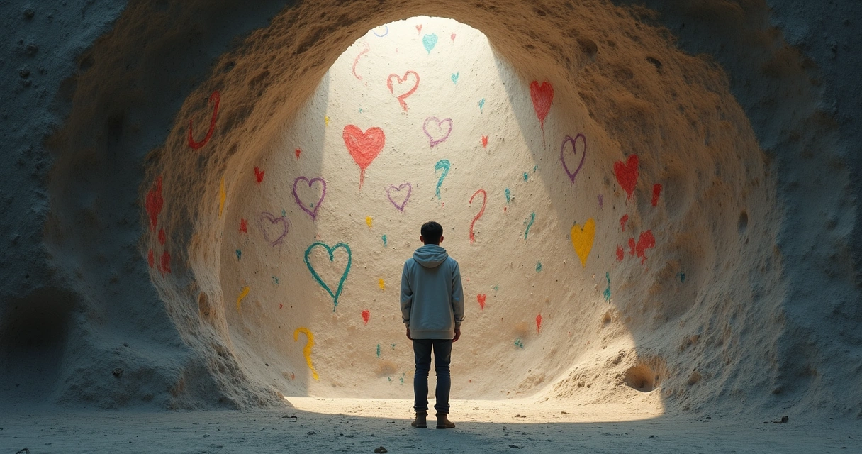 Pessoa diante de uma parede representando caverna interna com desenhos emocionais 