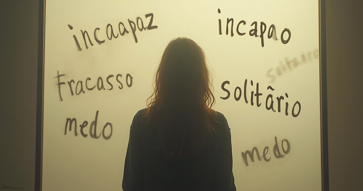 Desenho de uma pessoa olhando para o próprio reflexo em um espelho, com o reflexo distorcido por palavras negativas nas bordas. 