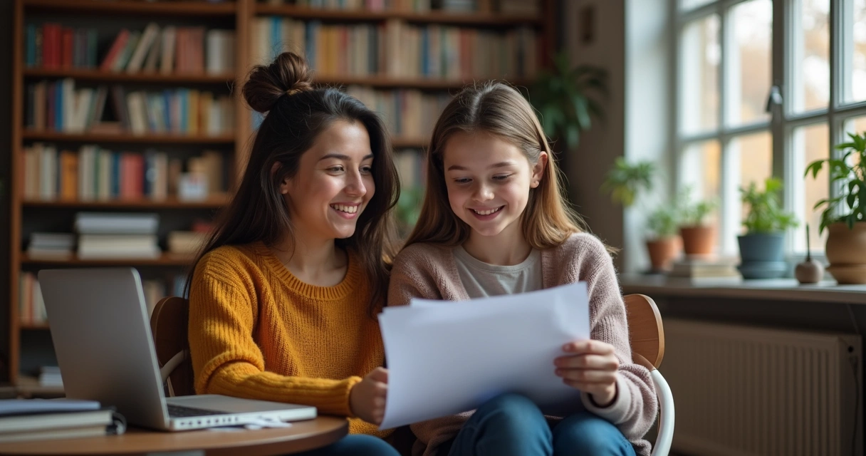 Mentor orientando estudante em uma sala de estudos, ambos analisando uma prova 