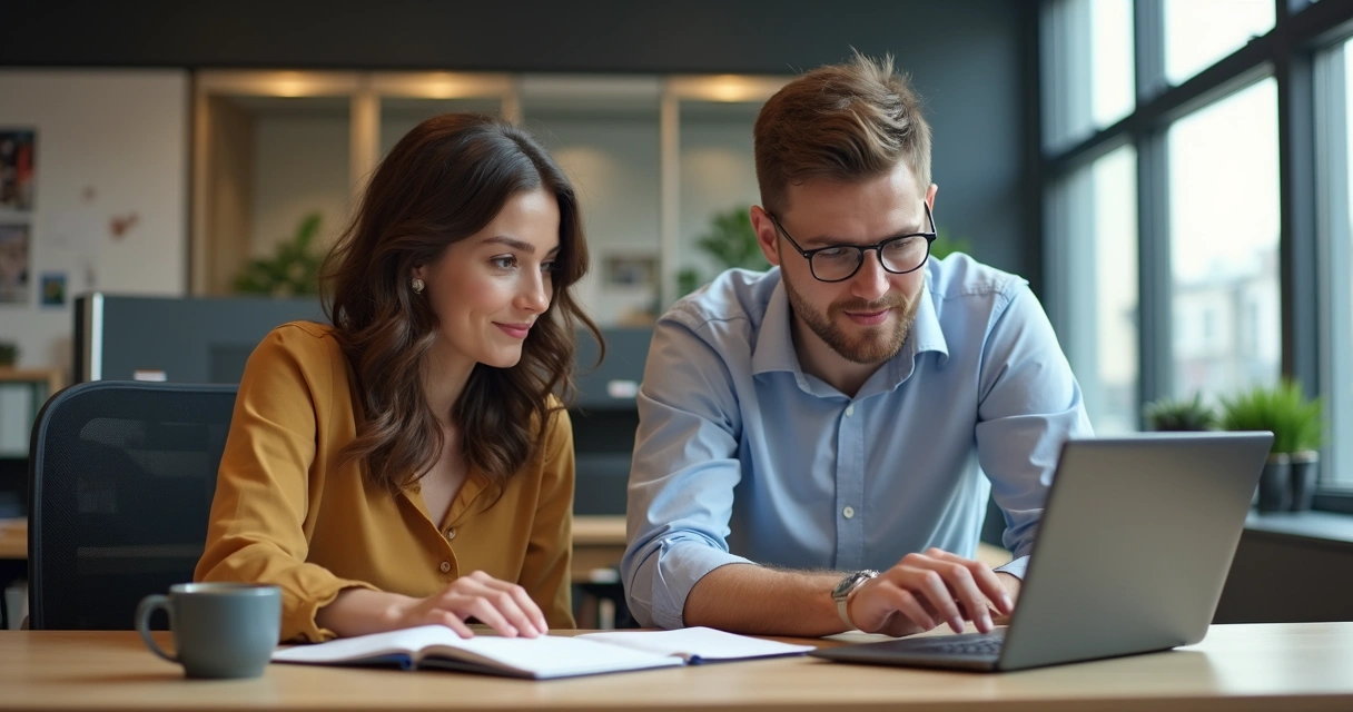 Mentor conversa com novo colega em ambiente de escritório 