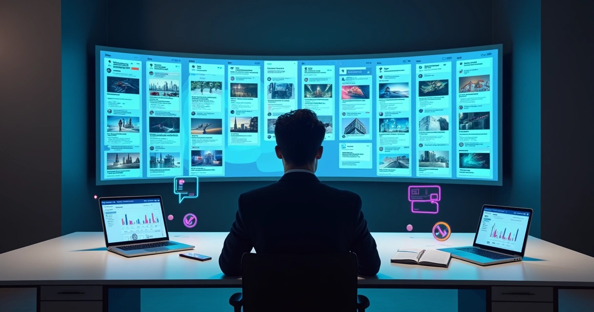 Mentor analisa anúncios concorrentes na tela grande com gráficos de desempenho 