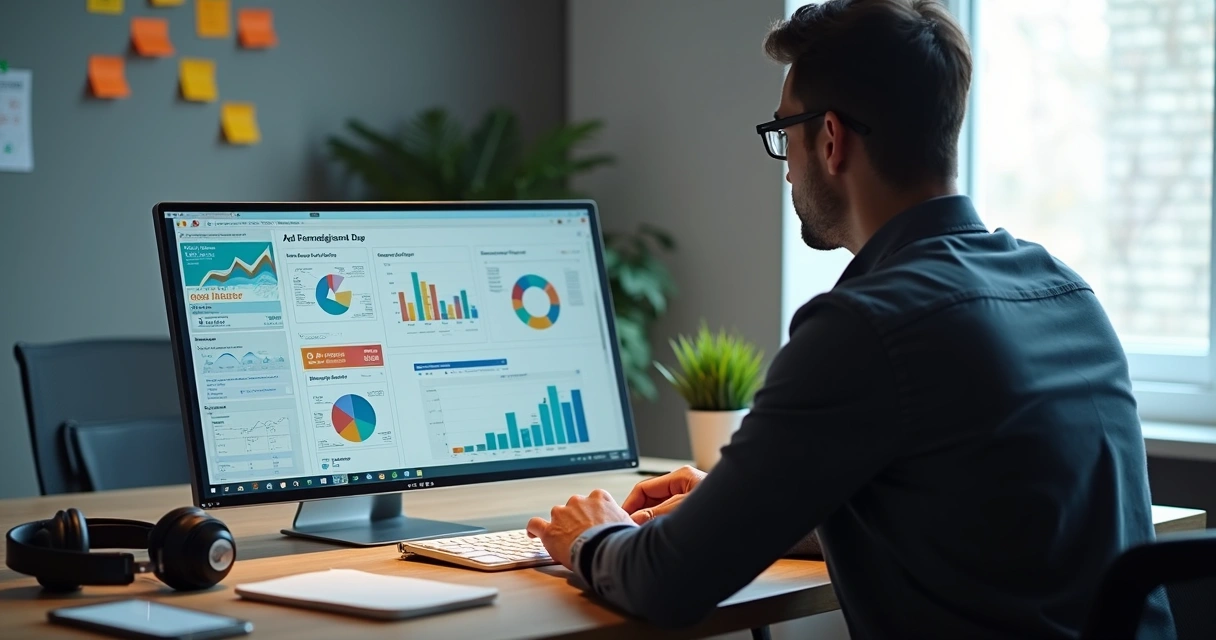 Mentor com laptop analisando campanhas digitais 