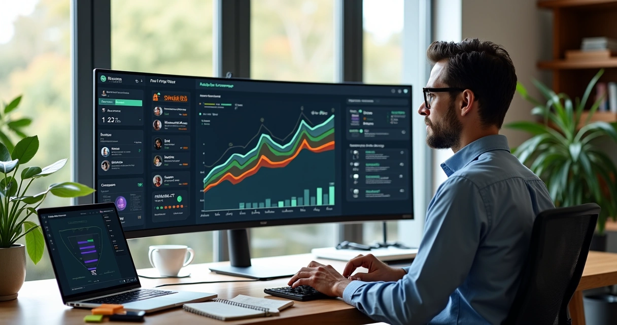 Mentor analisando gráficos de tráfego digital em múltiplas telas 