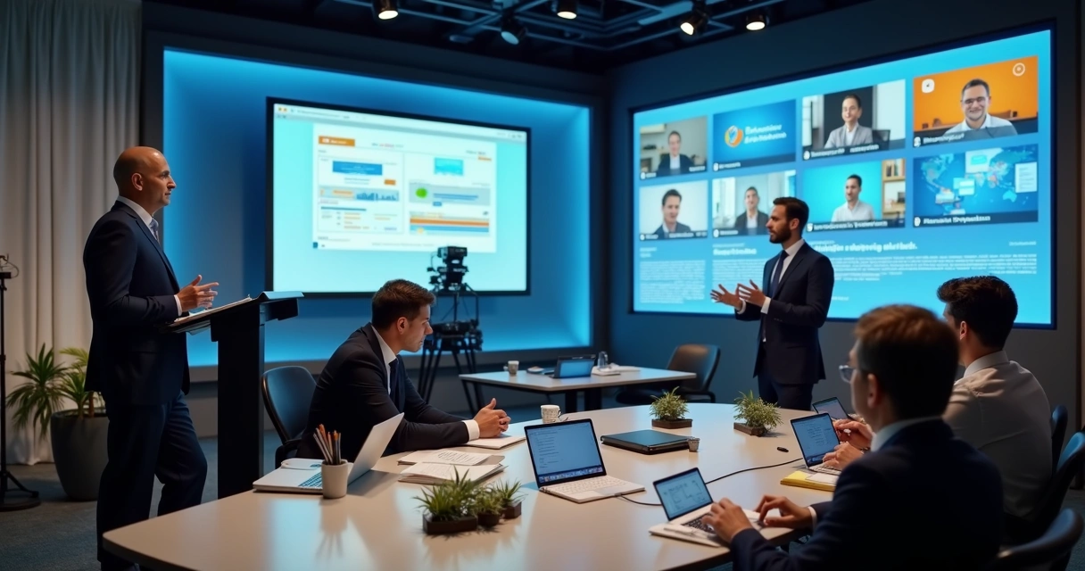 Mentor apresentando em tela com audiência híbrida