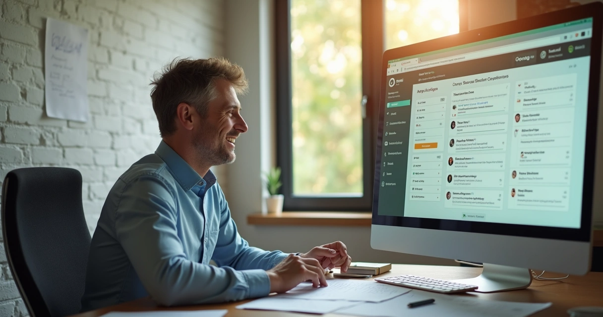 Mentor usando computador para automatizar grupos de WhatsApp