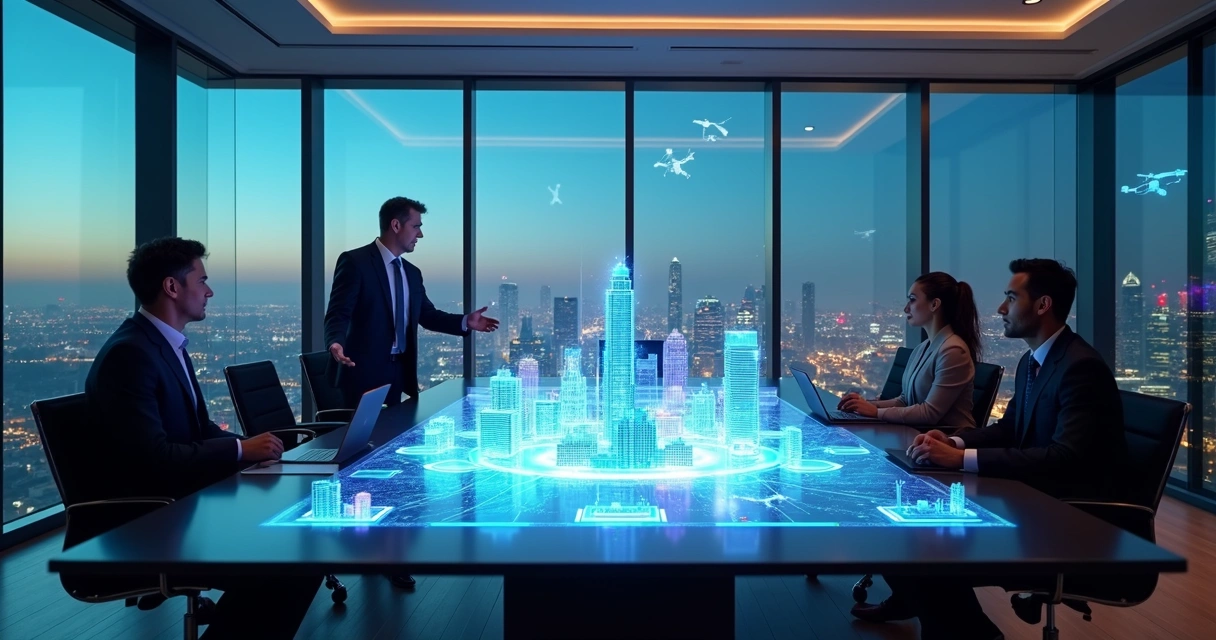 Mentor B2B apresentando estratégia em sala moderna com cidade futurista ao fundo 