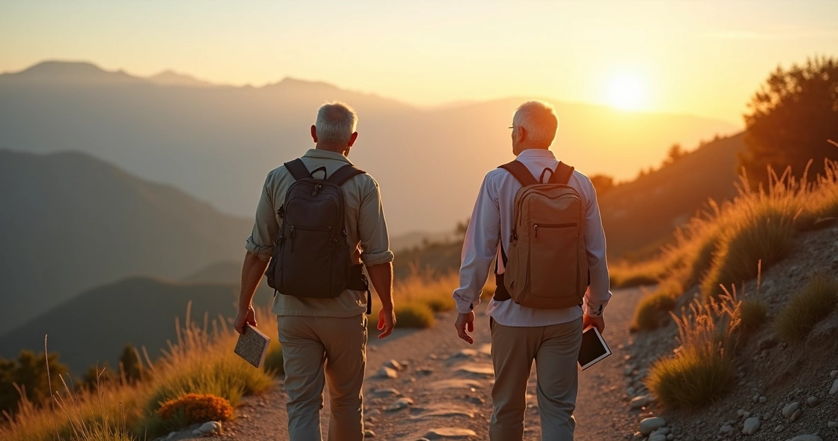 Pessoa e mentora caminhando juntos em trilha de montanha ao nascer do sol 