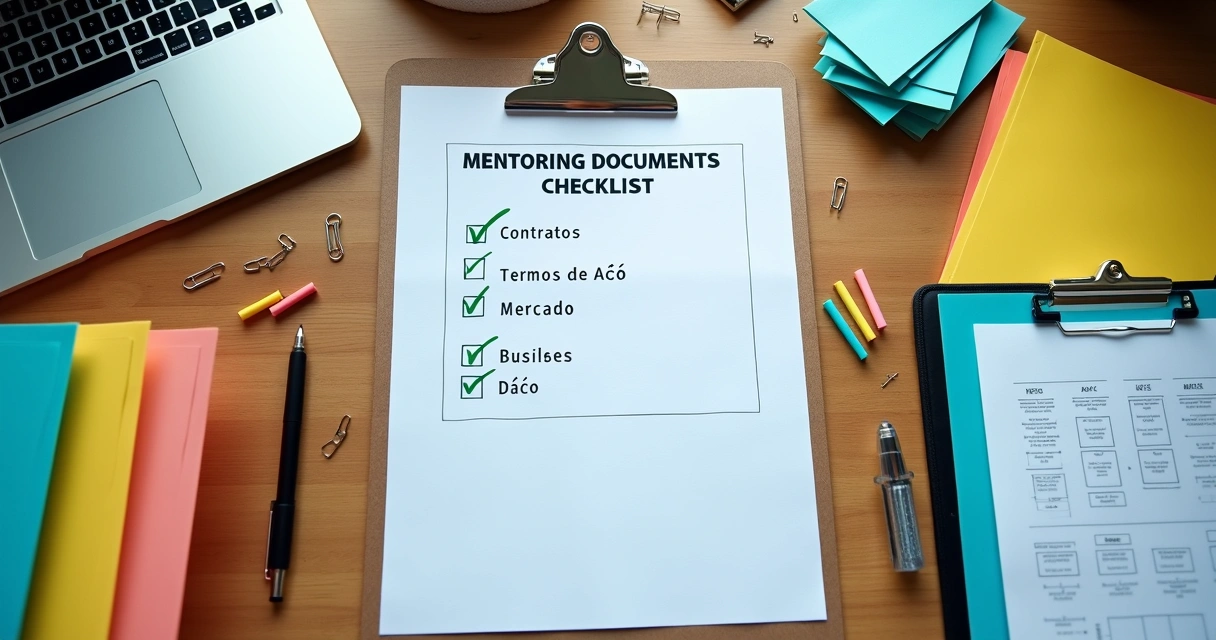 Mesa organizada com checklists e pastas de documentos para mentoria 