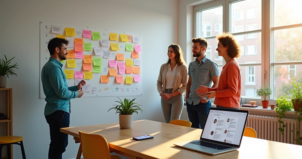 Mentor colhendo depoimentos de alunos em dinâmica de grupo com post-its coloridos 