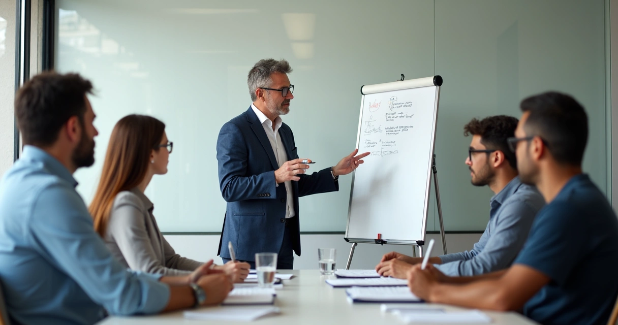 Empresário experiente em reunião de mentoria com grupo de empresários atenciosos 