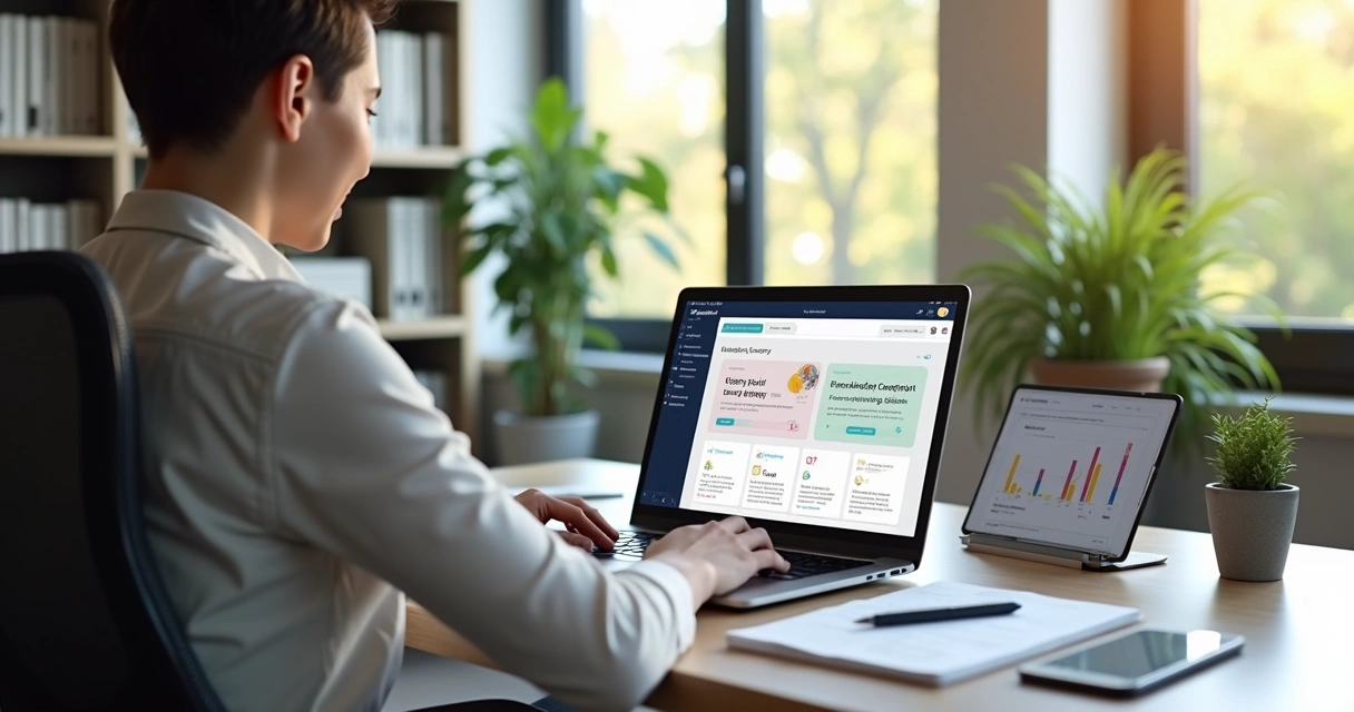 Mentor desenvolvendo curso online em laptop com interface de plataforma de mentorias na tela 